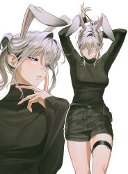 0820_lakia 1girl absurdres animal_ears black_hair black_sclera black_shirt black_shorts colored_eyelashes colored_sclera commentary_request grey_hair highres korean_commentary multicolored_hair multiple_views original rabbit_ears rabbit_girl rubber_band shirt shorts simple_background sleeves_past_wrists streaked_hair thigh_strap tying_hair white_background white_eyes
