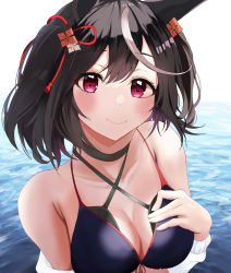 1girl absurdres animal_ears bare_shoulders bikini black_bikini black_choker black_hair blush breasts byakko_0410 choker cleavage collarbone commentary_request hair_ribbon highres horse_ears horse_girl kitasan_black_(umamusume) large_breasts looking_at_viewer multicolored_hair ocean red_eyes ribbon short_hair smile solo streaked_hair swimsuit umamusume water white_hair