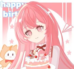 1girl :3 ahoge animal artist_request birthday_cake bloom_poetry_(shining_nikki) border bow bowtie brown_eyes cake cat chinese_commentary circle cloak closed_mouth clothed_animal clothes_writing collared_shirt commentary_request crossed_bangs dress ear_covers english_text eyelashes food frilled_shirt_collar frills gradient_background happy happy_birthday high_collar holding holding_cake holding_food holding_plate hood hood_up hooded_cloak light_blush long_hair long_sleeves looking_ahead momo_(nikki) nikki_(nikki) nikki_(series) outside_border paper_airplane pinafore_dress pink_background pink_eyes pink_hair plate red_bow red_bowtie second-party_source shining_nikki shirt sidelocks sleeveless sleeveless_dress smile solid_oval_eyes star_(symbol) star_symbol_background traditional_bowtie two-tone_background upper_body very_long_hair white_background white_border white_cat white_shirt yellow_cloak