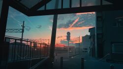 Rule 34 | absurdres, banishment, blue sky, building, cloud, escalator, fireflies, gradient sky, highres, no entry sign, no parking sign, orange sky, original, outdoors, road, road sign, scenery, sign, sky, sunset