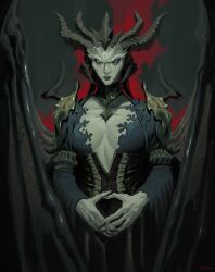 Rule 34 | 1girl, absurdres, black dress, black lips, breasts, cleavage, demon, demon girl, demon horns, demon wings, diablo (series), dress, expressionless, fingernails, frown, heterochromia, highres, horns, lilith (diablo), looking at viewer, medium breasts, psyoptima, sharp fingernails, solo, wings