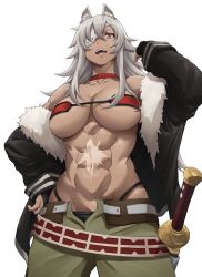 1girl :d abs absurdres animal_ears bandeau bare_shoulders belt black_jacket black_panties breasts bridal_gauntlets cat_ears choker cleavage collarbone commentary cowboy_shot crossed_bangs dark-skinned_female dark_skin eyepatch facial_scar fur-trimmed_jacket fur_trim ghislaine_dedoldia green_pants groin hair_between_eyes hand_on_own_hip hand_up highleg highleg_panties highres jacket large_breasts long_hair mushoku_tensei navel obliques off_shoulder open_belt open_clothes open_jacket open_mouth open_pants panties pants red_bandeau red_choker red_eyes rena_sakuma scar scar_on_cheek scar_on_face scar_on_stomach sheath sheathed sidelocks simple_background smile solo standing stomach sword teeth underwear upper_teeth_only weapon white_background