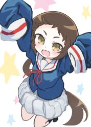 Rule 34 | 1girl, :d, arms up, black socks, blue shirt, blush, brown eyes, brown hair, commission, forehead, grey skirt, highres, kibisake, kneehighs, long hair, long sleeves, looking at viewer, low ponytail, mikakunin de shinkoukei, mitsumine mashiro, neck ribbon, open mouth, pleated skirt, ponytail, puffy long sleeves, puffy sleeves, red ribbon, ribbon, sailor collar, school uniform, serafuku, shirt, simple background, skeb commission, skirt, sleeves past fingers, sleeves past wrists, smile, socks, solo, star (symbol), star symbol background, thick eyebrows, v-shaped eyebrows, very long hair, white background, white sailor collar