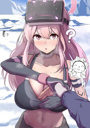 1boy 1girl ? ^^^ absurdres animal bare_shoulders bird black_bra black_gloves blue_archive blush bra breasts choker cleavage collarbone day doodle_sensei_(blue_archive) eimi_(blue_archive) gloves goggles goggles_on_head grabbing_another&#039;s_arm guiding_hand hair_between_eyes highres kisetsu_fuu_(seasonally) large_breasts long_hair looking_at_viewer navel open_mouth outdoors paid_reward_available penguin pink_eyes pink_hair pov pov_hands puff_of_air sensei_(blue_archive) snow solo_focus steam surprised sweat underwear upper_body variant_set white_choker