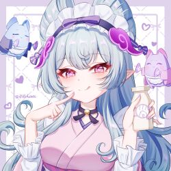 1girl 2others :q abeimaochidiaole absurdres blue_hair blush bottle breasts frilled_hairband frills genshin_impact hairband highres holding holding_bottle japanese_clothes kimono long_hair long_sleeves looking_at_viewer milk_bottle multiple_others pink_eyes pink_kimono pointy_ears smile tongue tongue_out very_long_hair yumemizuki_mizuki