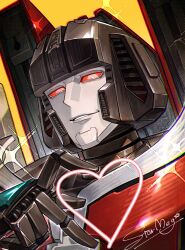 absurdres dajuzawan decepticon heart heart_hands highres looking_at_viewer mecha mecha_focus orange_background parted_lips portrait red_eyes robot smile sparkle star_(symbol) starscream transformers transformers_one