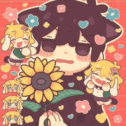 Rule 34 | 2boys, @ @, alternate costume, animal ears, antenna hair, basil (faraway) (omori), basil (omori), black eyes, black hair, blonde hair, blue eyes, blush, brown shorts, cat boy, cat ears, closed eyes, flower, highres, hishimatope, holding, holding flower, kemonomimi mode, looking at viewer, male focus, multiple boys, omori, open mouth, rabbit boy, rabbit ears, short hair, shorts, sunflower, sunny (omori)