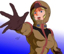 1girl blonde_hair bodysuit breasts gloves gundam helmet mecha_pilot_suit military_uniform mobile_suit_gundam normal_suit_(gundam) pgmajimaji reaching reaching_towards_viewer sayla_mass skin_tight spacesuit