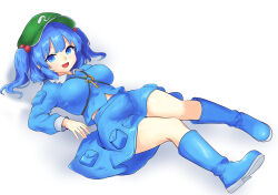 1girl :d blue_eyes blue_hair blue_shirt blue_skirt blush boots breasts commentary_request flat_cap full_body green_hat hair_bobbles hair_ornament hat highres hinben kawashiro_nitori key large_breasts long_sleeves looking_at_viewer open_mouth pocket rubber_boots shirt short_hair simple_background skirt smile solo touhou two_side_up white_background