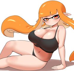 1girl black_bra black_panties blush bra breast_lift breasts cleavage feet_out_of_frame female_focus highres huge_breasts inkling inkling_girl inkling_player_character large_breasts long_hair looking_at_viewer navel nintendo orange_hair panties pero_(pero7762) pointy_ears red_eyes shadow shiny_skin simple_background sitting solo splatoon_(series) stomach tentacle_hair thighs underwear white_background
