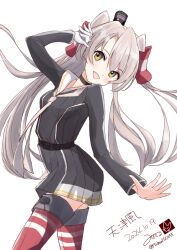Rule 34 | 1girl, amatsukaze (kancolle), amatsukaze kai ni (kancolle), artist logo, black dress, brown eyes, character name, dated, dress, gloves, grey hair, grey neckerchief, hair tubes, horizontal-striped thighhighs, kantai collection, logo, long hair, michaelsch55, neckerchief, red thighhighs, sailor collar, sailor dress, simple background, single glove, smile, smokestack hair ornament, solo, striped clothes, striped thighhighs, thighhighs, twitter username, two side up, white background, white gloves, white sailor collar