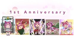 &gt;_&lt; 1girl :d ^^^ absurdres animal_ears anniversary bandaid bandaid_on_leg bow buruma chibi collared_shirt commentary_request ear_bow fingerless_gloves flower-shaped_pupils fold-over_boots gloves hair_intakes hairband haru_urara_(umamusume) highres holding horse_ears horse_girl horse_tail jacket japanese_clothes kimono moko39_takasora open_clothes open_jacket open_mouth overall_shorts overalls pink_hair pink_shirt pink_shoes ponytail profile puffy_short_sleeves puffy_sleeves purple_eyes purple_hairband red_buruma red_gloves red_kimono red_shoes running shirt shoes short_sleeves smile socks star_(symbol) striped_clothes striped_socks symbol-shaped_pupils tail thighhighs umamusume white_bow white_jacket white_shirt white_thighhighs xd