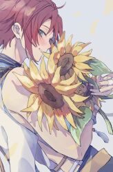 1boy absurdres ensemble_stars! flower green_eyes hair_between_eyes highres holding holding_flower isara_mao jewelry looking_at_viewer looking_back male_focus red_hair reijiro ring shirt short_hair simple_background sleeveless sleeveless_shirt smile solo sunflower tassel yellow_flower