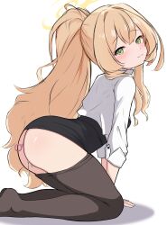 1girl absurdres anal anal_object_insertion ass black_pantyhose black_skirt blonde_hair blue_archive closed_mouth commentary from_side green_eyes high-waist_skirt highres kneeling long_hair long_sleeves looking_at_viewer microskirt object_insertion pantyhose pencil_skirt ponytail professor_niyaniya_(blue_archive) pussy_juice shirt simple_background skirt solo white_background white_shirt zhyseven