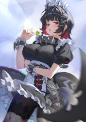 1girl apron black_dress black_hair blush breasts brown_pantyhose candy collar colored_inner_hair dress ellen_joe fins fish_tail food hairband highres large_breasts lollipop looking_at_viewer maid_headdress metal_collar metal_hairband multicolored_hair open_mouth pantyhose pink_hair puffy_short_sleeves puffy_sleeves raijuu_(bakanara) red_eyes shark_girl shark_tail short_hair short_sleeves solo spiked_headband tail thighs waist_apron white_apron wrist_cuffs zenless_zone_zero