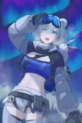 10_(xknn5488) 1girl :d animal animal_ears animal_on_shoulder arknights arknights:_endfield aurora aurora_(arknights) belt black_belt black_gloves blue_eyes breasts breath cleavage clothing_cutout commentary_request cowboy_shot crop_top eyes_visible_through_hair gloves goggles grey_gloves grey_hair grey_pants hair_ornament hair_over_one_eye hairclip highres korean_commentary large_breasts long_sleeves looking_up midriff navel night open_mouth outdoors pants pouch puffy_long_sleeves puffy_sleeves rabbit short_hair ski_goggles sky smile snowshine_(arknights) solo standing star_(sky) starry_sky thigh_cutout turtleneck