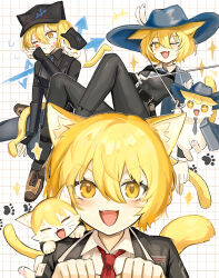 &gt;:) 1girl :d animal animal_ears animal_on_shoulder animalization armor belt black_belt black_pants black_shirt blonde_hair blood blood_on_face blue_necktie blush brown_shoes cat_ears cat_tail cinq_association_south_uniform collared_shirt don_quixote_(project_moon) fang fangs grid_background hair_between_eyes hands_up hat hat_feather hat_with_ears holding holding_sword holding_weapon large_hat licking licking_another&#039;s_face limbus_company looking_at_viewer multiple_girls multiple_views necktie notice_lines one_eye_closed open_mouth pants paw_pose paw_print project_moon ro/ku shirt shoes short_hair simple_background smile sparkle sword tail v-shaped_eyebrows w_corp._(identity)_(project_moon) weapon white_shirt yellow_eyes