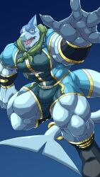1boy abs araba_(shangri-la_frontier) bara biceps blue_background blue_shirt blue_shorts bulge calves capelet commentary covered_pectorals fangs furry furry_male green_capelet highres looking_at_viewer male_focus muscular muscular_male open_mouth outstretched_hand pectorals shangri-la_frontier shark_boy shark_fin sharkinn shirt shorts webbed_hands wide-eyed