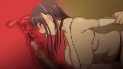 ahegao animated animated_gif black_hair blue_hairband blush breasts cleavage gif_artifacts gloves hairband huge_breasts large_breasts long_hair mature_female mole mole_on_breast nipple_cutout nipples no_waifu_no_life orgasm pumping saliva saliva_trail sex tongue tongue_out vaginal white_gloves x-ray