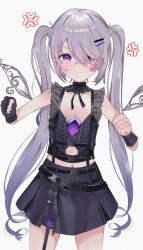 1girl anger_vein bandaid bandaid_on_cheek bandaid_on_face bandaid_on_nose black_gloves black_shirt black_skirt castellayaki chest_jewel closed_mouth detached_collar fingerless_gloves gem gloves grey_hair highres hololive hololive_english jewel_under_eye koseki_bijou koseki_bijou_(casual) long_hair looking_at_viewer official_alternate_costume official_alternate_hairstyle pout purple_eyes purple_gemstone shirt simple_background single_glove skirt solo twintails virtual_youtuber white_background