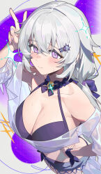 1girl absurdres airseal breasts celestia_(strinova) closed_mouth collarbone commentary_request fingernails grey_hair hair_ornament hairclip hand_on_own_hip highres large_breasts long_hair looking_at_viewer midriff nail_polish navel pink_eyes purple_nails solo strinova sweat v