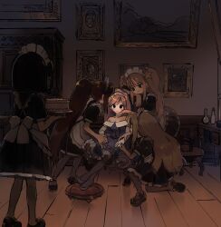5girls apron black_dress black_eyes black_hair blonde_hair brown_hair cake chair crown desk dress food footstool guillotine hair_ornament hand_on_another&#039;s_chin highres holding holding_cake holding_food maid maid_apron maid_headdress multiple_girls original otototoi painting_(object) ponytail sitting smug star_(symbol) star_hair_ornament twintails
