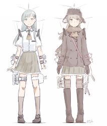 2girls ascot black_gloves blue_hair boots brown_hair brown_scarf closed_mouth commentary_request dated frilled_skirt frills fur_hat gloves grey_skirt hair_ornament hat hat_ornament jacket kantai_collection kawashina_(momen_silicon) knee_boots kneehighs kumano_(kancolle) long_hair multiple_girls orange_ascot pleated_skirt rigging scarf shirt shoes signature simple_background skirt socks standing suzuya_(kancolle) white_background white_shirt