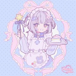 1girl apron artist_name bandaid bandaid_hair_ornament blue_background blunt_bangs blush cake cake_slice chain cowboy_shot eyelashes fingernails food frills gauze gauze_on_cheek gauze_on_face hair_ornament hairclip headdress heart heart_in_eye highres holding holding_plate holding_wand long_hair long_sleeves looking_to_the_side maid maid_apron maid_headdress mellownote nail_polish open_mouth original pink_eyes pink_ribbon plate polka_dot purple_nails ribbon see-through_clothes see-through_sleeves solo sticker symbol_in_eye two_side_up wand white_apron white_headdress