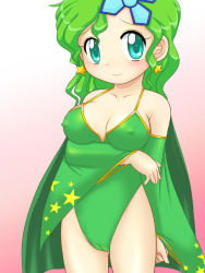 Rule 34 | 1990s (style), aged up, arm under breasts, breast lift, cameltoe, cape, covered erect nipples, detached sleeves, earrings, final fantasy, final fantasy iv, gradient background, green eyes, green hair, hair ornament, hairclip, jewelry, leotard, miyanii (myanie), retro artstyle, rydia (ff4), smile, square enix