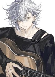 1boy absurdres black_shirt brown_eyes closed_mouth dianci_sanweixian ear_piercing fate/grand_order fate_(series) grey_hair guitar hair_between_eyes highres holding holding_guitar holding_instrument instrument kadoc_zemlupus long_sleeves male_focus music neck_piercing piercing playing_instrument shirt short_hair simple_background sleeves_past_wrists solo white_background