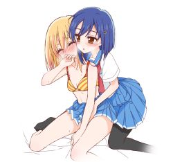 2girls black_legwear bra breasts breath cleavage fingering flip_flappers hair_ornament hairclip heavy_breathing kokomine_cocona multiple_girls neckerchief no_shirt no_shoes pantyhose reach-around red_neckerchief school_uniform serafuku short_hair small_breasts socks sou_(mgn) striped_bra striped_clothes sweat swimsuit underwear undressing yayaka yuri