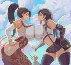 1boy 2girls absurdres armor armpit_crease bare_shoulders black_gloves black_hair black_skirt black_sports_bra black_thighhighs blonde_hair blue_sky bracelet breast_press breasts brown_eyes buster_sword closed_mouth cloud cloud_strife cloudy_sky commentary cowboy_shot crop_top crossover dead_or_alive dead_or_alive_xtreme detached_sleeves earrings elbow_gloves english_commentary eye_contact final_fantasy final_fantasy_vii final_fantasy_vii_rebirth final_fantasy_vii_remake from_side glint gloves hand_on_own_hip high_ponytail highres hip_vent holding_hands jewelry large_breasts long_hair looking_at_another midriff miniskirt momiji_(ninja_gaiden) multiple_girls navel ninja_gaiden nontraditional_miko outdoors ponytail profile red_eyes shoulder_armor single_arm_guard single_earring skirt sky sleeveless sleeveless_turtleneck spiked_hair sports_bra suspender_skirt suspenders sweater sword tank_top thighhighs tifa_lockhart turtleneck turtleneck_sweater voidmakerz weapon weapon_on_back white_sleeves white_tank_top zettai_ryouiki