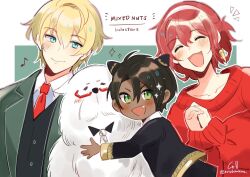 3boys :d ^_^ aged_down animal animal_hug animalization anya_(spy_x_family) anya_(spy_x_family)_(cosplay) aragami_oga arurandeisu black_hair black_jacket black_pants black_vest blonde_hair blue_eyes blush child closed_eyes coll_(erichankun) copyright_name cosplay dark-skinned_male dark_skin dog eden_academy_school_uniform fang glasses great_pyrenees green_background green_eyes green_jacket hair_between_eyes hairband hairpods half_updo hanasaki_miyabi holostars horns jacket kishido_temma looking_at_viewer male_focus multiple_boys musical_note necktie notice_lines open_mouth own_hands_together pants red_hair red_necktie red_sweater school_uniform sharp_teeth shirt short_hair single_horn smile song_name sparkle spy_x_family sweater teeth twilight_(spy_x_family) twilight_(spy_x_family)_(cosplay) upper_body v-shaped_eyebrows vest virtual_youtuber white_background white_hairband white_shirt yor_briar yor_briar_(cosplay)