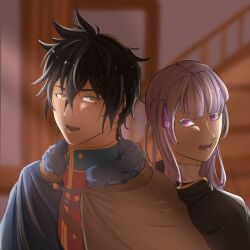1boy 1girl back-to-back black_clover black_hair hair_ribbon handsome_man noelle_silva pink_eyes ribbon twintails yuno_(black_clover)