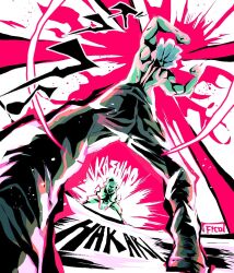 2boys andoryu arms_up black_pants dancing electricity energy english_text fighting fighting_stance flexing hakari_kinji highres jujutsu_kaisen kashimo_hajime multiple_boys muscular muscular_male musical_note neon_palette pants signature topless_male