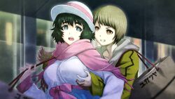 2girls aqua_eyes bag black_hair blue_eyes blue_skirt blurry blurry_background bow breasts brown_eyes brown_hair collarbone from_side game_cg grabbing_another&#039;s_breast grin groping hat high-waist_skirt highres hood hoodie huke jacket large_breasts long_sleeves looking_at_another looking_back medium_hair multiple_girls nakase_katsumi non-web_source official_art open_collar open_mouth pink_bow pink_lips red_scarf ringed_eyes sash scarf shiina_mayuri shiny_lips shirt short_hair skirt smile steins;gate steins;gate_0 surprised tareme tomboy tongue waist_bow waist_sash white_shirt wide_sleeves winter_clothes yuri