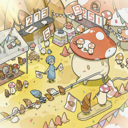 1girl absurdres autumn black_cat blue_dress blue_hair blue_shoes blush_stickers cat confetti dress flag food food_art hat highres holding holding_flag mushroom mushroom_hat onigiri original roasted_sweet_potato scoreboard shoes sports_festival sweet_potato tako-san_wiener thermos traffic_cone tti_design tug_of_war