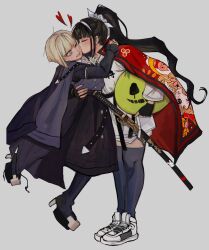 2girls absurdres anaizzzen arm_around_waist black_gloves black_hair black_skirt black_thighhighs blonde_hair blue_eyes blue_shirt bob_cut brooch cloak commentary embarrassed english_commentary fingerless_gloves gloves grey_background heart highres holding holding_mask japanese_clothes jewelry katana kiss kissing_cheek lifting_person long_hair long_skirt magadori_kyoshika mask multiple_girls one_eye_closed oosuzuki_kurara open_mouth platform_shoes ponytail red_cloak sheath sheathed shirt shoes simple_background skirt sneakers sword the_hundred_line_-last_defense_academy- thighhighs uwagi weapon white_shoes yuri