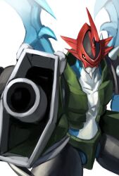 Rule 34 | aiming, aiming at viewer, armor, bakeneko38, blue skin, blue wings, colored skin, cowboy shot, digimon, digimon (creature), dragon, green armor, green vest, gun, helmet, highres, holding, holding gun, holding weapon, multicolored skin, paildramon, red helmet, solo, two-tone skin, vest, weapon, white skin, wings