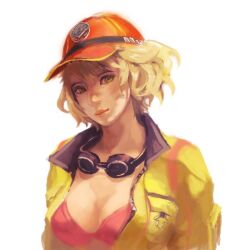 1girl baseball_cap blonde_hair breasts cindy_aurum closed_mouth cropped_jacket dirty dirty_face final_fantasy final_fantasy_xv goggles goggles_around_neck hat jacket lips looking_at_viewer muraicchi_(momocchi) short_hair simple_background solo white_background yellow_jacket