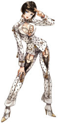 1girl apple972 black_hair blue_eyes bob_cut boots breasts bruno_bucciarati cleavage_cutout clothing_cutout earrings female_focus full_body garter_straps genderswap genderswap_(mtf) hair_ornament hairclip heart high_heel_boots high_heels highres inzup jewelry jojo_no_kimyou_na_bouken large_breasts nail_polish salute simple_background solo thighhighs two-finger_salute white_background yellow_nails zipper