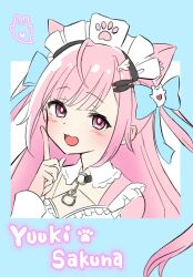 1girl :d animal_ear_fluff animal_ears blue_background blush cat_ears character_name commentary_request dress hand_up highres index_finger_raised indie_virtual_youtuber kiritoma long_hair looking_at_viewer maid_headdress open_mouth pink_dress pink_hair purple_eyes smile solo two-tone_background two_side_up upper_body virtual_youtuber white_background yuuki_sakuna yuuki_sakuna_(1st_costume)