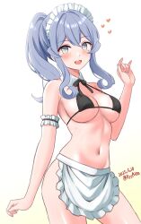 1girl alternate_costume ame-san apron armband bikini black_bikini black_ribbon blue_eyes blue_hair breasts dated detached_collar enmaided gotland_(kancolle) highres kantai_collection maid maid_bikini maid_headdress medium_breasts mole mole_under_eye navel neck_ribbon ponytail ribbon sidelocks solo swimsuit twitter_username unconventional_maid waist_apron white_apron