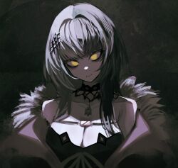 1girl absurdres bare_shoulders black_background black_choker black_dress black_hair black_jacket breasts chest_belt choker cleavage closed_mouth collarbone dress empty_eyes fur_jacket hair_ornament highres hololive hololive_english jacket large_breasts long_hair looking_at_viewer multicolored_hair shiori_novella shiori_novella_(1st_costume) solo split-color_hair sumosumo two-tone_hair virtual_youtuber white_hair yellow_eyes