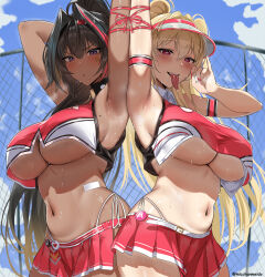 2girls absurdres armband armpits bay_(nikke) belt black_shirt blonde_hair blue_sky blush breasts chain-link_fence cheerleader clay_(nikke) cloud commentary dark-skinned_female dark_skin day drooling english_commentary fang fang_out fellatio_gesture fence goddess_of_victory:_nikke gradient_hair hair_intakes heavy_breathing high_ponytail highleg highleg_panties highres long_hair looking_at_viewer micchan_(micchanmeido) mole mole_on_breast mole_on_stomach mole_under_eye multicolored_hair multicolored_shirt multiple_girls nail_polish naughty_face navel outdoors panties pleated_skirt ponytail presenting_armpit purple_eyes red_armband red_belt red_ribbon red_shirt red_skirt ribbon saliva shirt side-tie_panties skirt sky sleeveless sleeveless_shirt sparkling_eyes star_(symbol) streaked_hair sweat tongue tongue_out twitter_username underboob underwear v-shaped_eyebrows very_long_hair visor_cap white_shirt