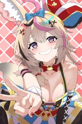 1girl absurdres animal_ears argyle_background bare_shoulders black_hair blue_bow bow braid breasts breasts_apart cleavage commentary foreshortening fox_ears fox_girl grin hair_bow hair_ornament hair_over_shoulder hat heart heart-shaped_pupils highres hololive jester_cap light_brown_hair looking_at_viewer medium_breasts medium_hair multicolored_hair nail_polish omaru_polka omaru_polka_(1st_costume) pink_hair porco_j purple_eyes red_nails single_braid sleeveless smile solo streaked_hair symbol-shaped_pupils upper_body v virtual_youtuber x_hair_ornament