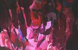 1girl arm_support bird blood bucket commission death eating food from_above highres hook indoors knife maid meat naxv15 on_table original parrot short_hair short_sleeves solo table