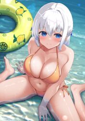 1girl bikini blue_eyes blush breasts character_request cleavage closed_mouth commentary_request copyright_request from_above highres innertube kuro_yanagi large_breasts looking_at_viewer looking_up navel orange_bikini outdoors side-tie_bikini_bottom sitting smile solo swim_ring swimsuit thighs wariza water wet white_hair