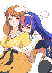 2girls blue_eyes blue_hair braid breasts cleavage crossed_bangs crown_braid dress female_alear_(fire_emblem) fire_emblem fire_emblem_engage goldmary_(fire_emblem) heterochromia highres large_breasts long_hair meba. multicolored_hair multiple_girls nintendo red_eyes red_hair ribbon speech_bubble split-color_hair tiara two-tone_hair white_ribbon yellow_dress yellow_eyes