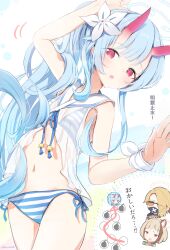 3girls animal_ear_fluff animal_ears bare_arms bare_shoulders bikini blonde_hair blue_archive blue_bikini blue_hair blunt_bangs blush character_request chise_(blue_archive) chise_(swimsuit)_(blue_archive) demon_girl demon_horns eyes_visible_through_hair flower hair_flower hair_ornament hair_over_one_eye highres horns long_hair multiple_girls navel official_alternate_costume official_alternate_hairstyle open_mouth orange-tinted_eyewear ponytail red_eyes sakurano_rocco seaside_sukeban_(mg)_(blue_archive) see-through_clothes see-through_shirt shirt stomach striped_bikini striped_clothes sunglasses swimsuit tinted_eyewear white_flower white_shirt
